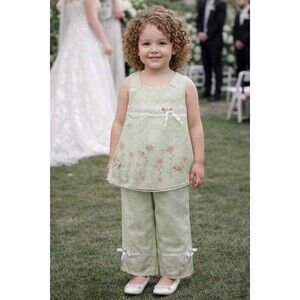 Thomas Sage Green Floral White Lace Sleeveless Tunic Top Mesh Overlay Pants Sz 5